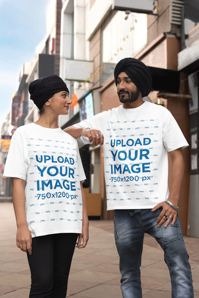 Blinkstore Tee Mockup of a Smiling Woman and a Man Posing by the Street m38637