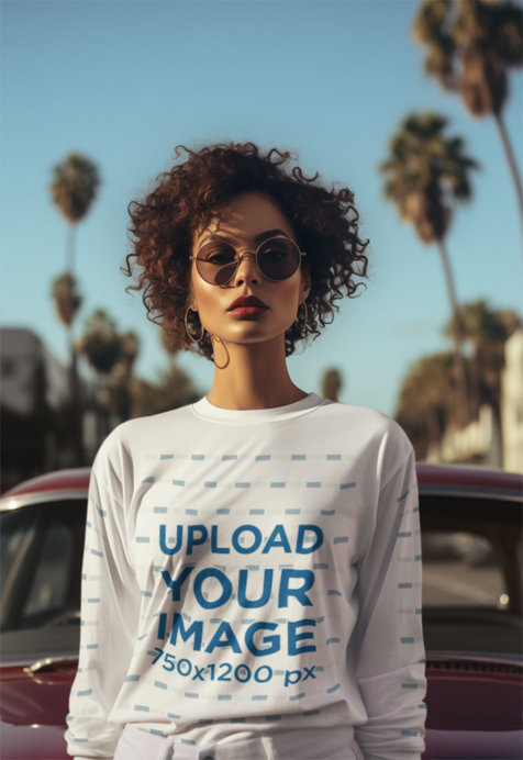 Gaming-Inspired Mockup of an AI-Created Woman with Curly Hair Wearing a Sweatshirt