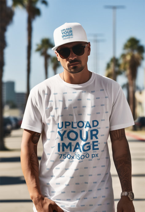 T-Shirt Mockup Featuring an AI-Generated Man Wearing a T-Shirt and a Dad Hat