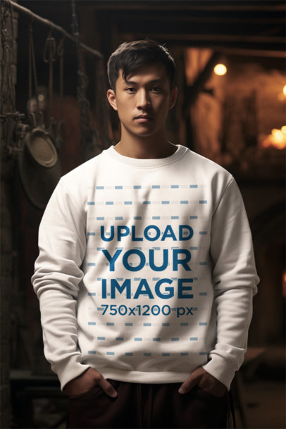 Sweatshirt Mockup of an AI-Generated Serious Man Posing in a Game of Thrones-Inspired Setting