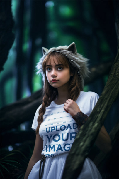 Round-Neck T-Shirt Mockup Featuring an AI-Created Young Woman With a Wolfs'-Themed Tiara m38508