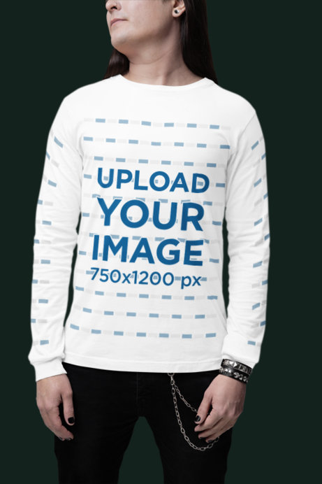 Mockup of a Man with Long Hair Wearing a Bella Canvas Long Sleeve T-Shirt in a Studio