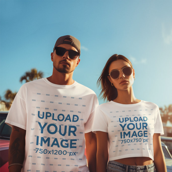 Mockup of a Man and a Woman Wearing Matching T-Shirts in Front of Classic Cars