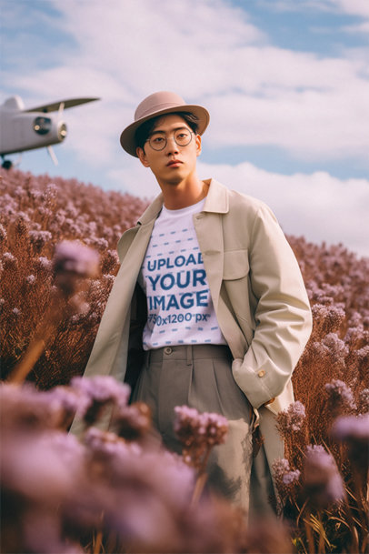 Studio Ghibli-Inspired Mockup of an AI-Created Man  Wearing a Round-Neck Tee in a Floral Landscape