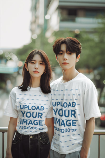 Round-Neck Tee Mockup of an AI-Created Couple Inspired by a K-Drama Aesthetic