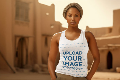 Tank Top Mockup Featuring an AI-Created Woman in a Medieval Fantasy-Inspired Setting
