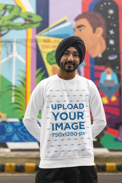Mockup Featuring a Bearded Man Wearing a Rounded-Neck Sweatshirt and a Turban
