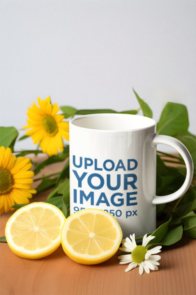 Mockup of an 11 oz Coffee Mug Placed by Sunflowers and Lime Slices m36602