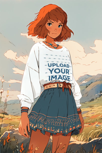 Ghibli-Inspired Mockup of an AI-Created Woman Graphic in a Crewneck Sweatshirt