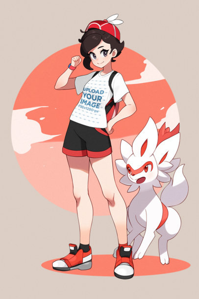 T-Shirt Mockup Featuring an Illustrated AI-Created Woman Character Inspired by Pokemon