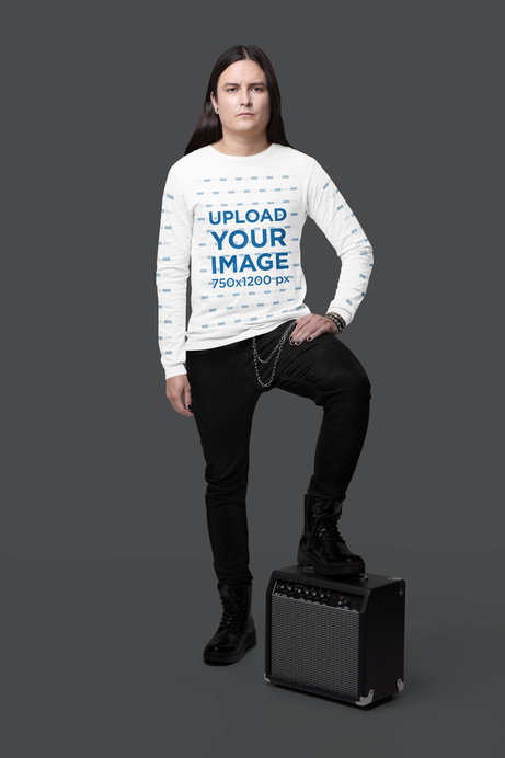 Bella Canvas Long Sleeve Tee Mockup of a Man with His Foot on a Guitar Amplifier