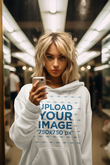 Pullover Hoodie Mockup of an AI-Generated Woman Taking a Selfie in a Mirror 