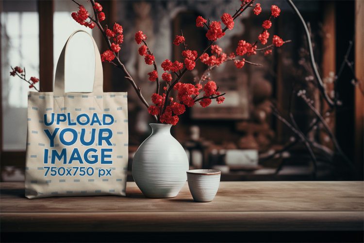 AI-Generated Mockup of a Tote Bag Placed Next to a Flower Vase 
