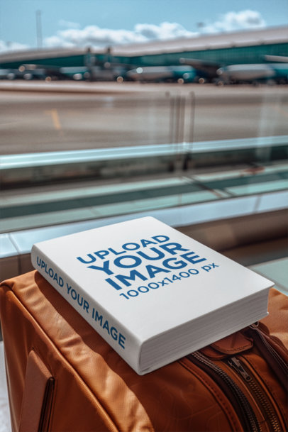 Mockup of an AI-Created Hardcover Book Placed on a Suitcase Near an Airport Window m38881