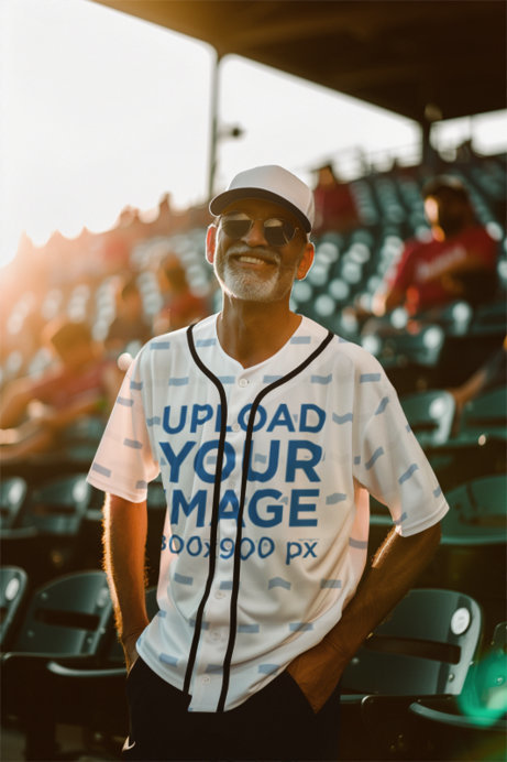 Jersey Mockup Featuring an AI-Generated Senior Man Smiling in a Baseball Game