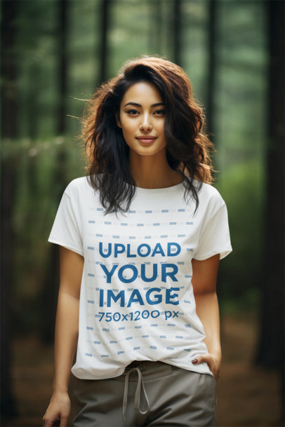 Mockup of an AI-Created Smiling Woman Wearing a T-Shirt Outdoors