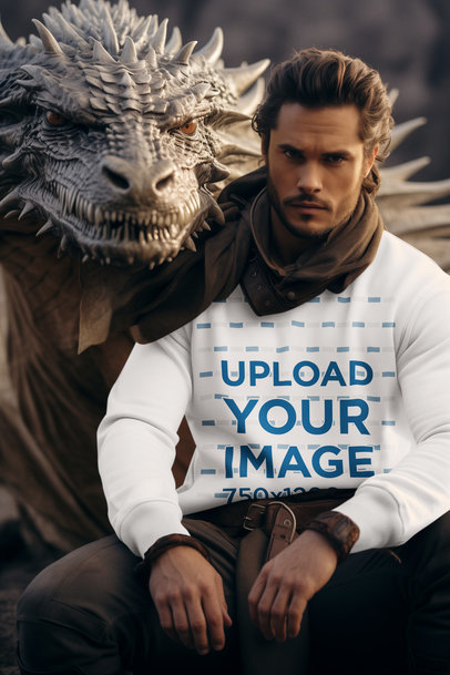 GOT-Inspired Mockup of a Man in a Sweatshirt Posing Next to a Dragon m38738