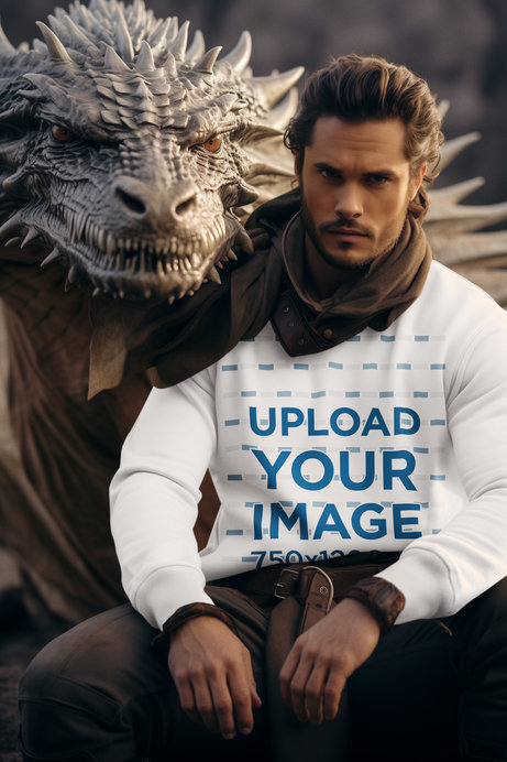 GOT-Inspired Mockup of a Man in a Sweatshirt Posing Next to a Dragon