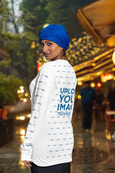 Bella Canvas Long-Sleeve Tee Mockup of a Woman With a Turban Posing by the Street