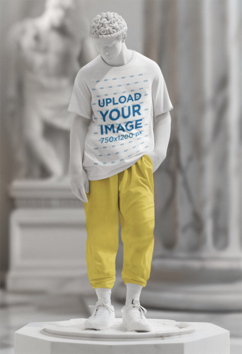 T-Shirt Mockup of an AI-Generated Male Statue Placed in a Museum