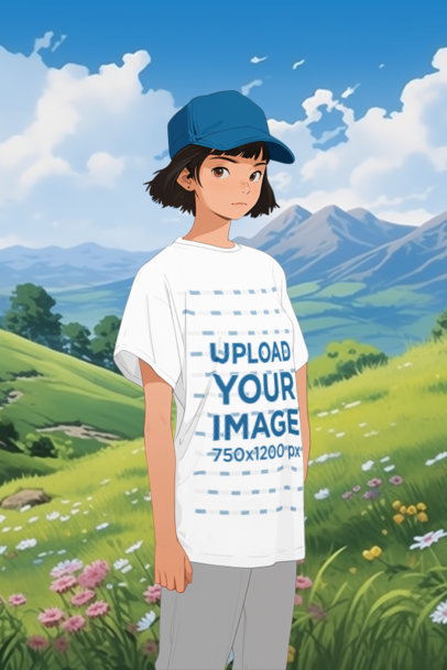 T-Shirt Mockup Featuring an AI-Generated Young Woman Graphic Inspired by Ghibli Animations