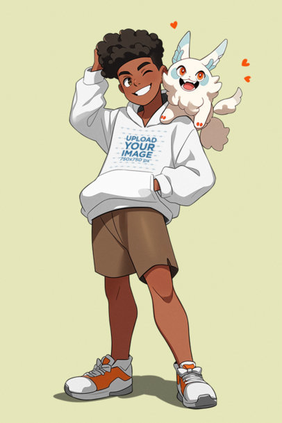 Hoodie Mockup of an Illustrated Boy with a Creature Inspired by Pokemon on His Shoulder