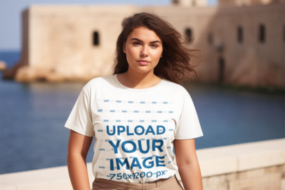 AI-Generated Mockup Featuring a Woman in a Round-Neck Tee Standing in a Game of Thrones-Inspired Landscape m38669