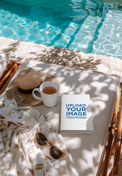 Hardcover Book Mockup Featuring an AI-Created Pool Setting m38888