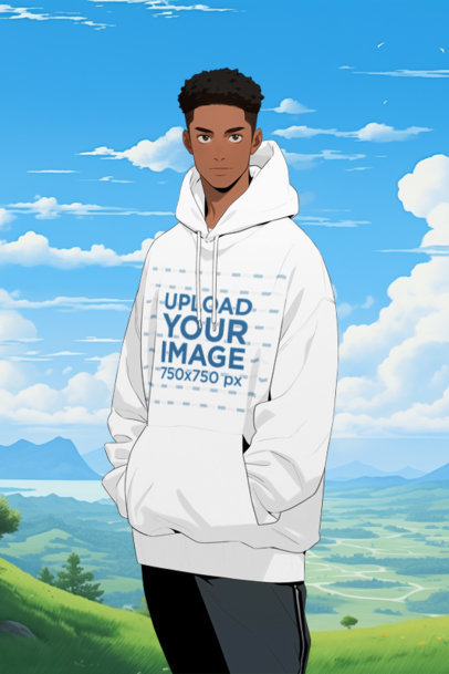 Illustrated Mockup of an AI-Created Man Wearing a Hoodie Featuring a Ghibli-Inspired Style