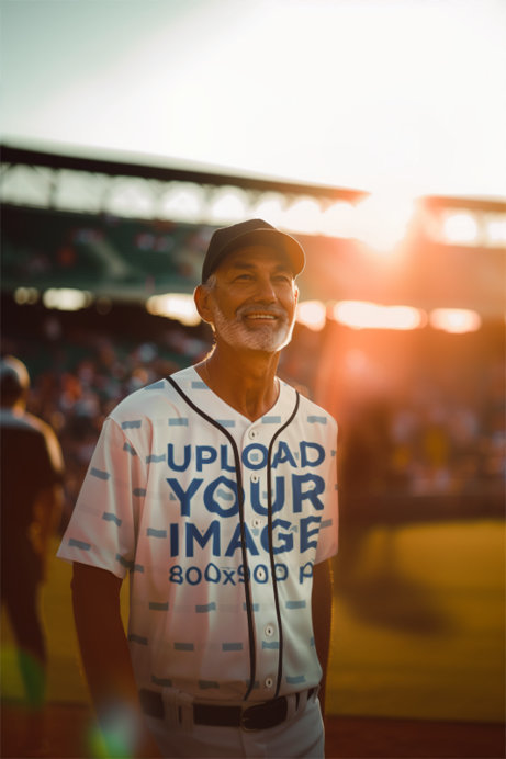 Mockup of an Older Adult Wearing a Baseball Jersey in a Stadium