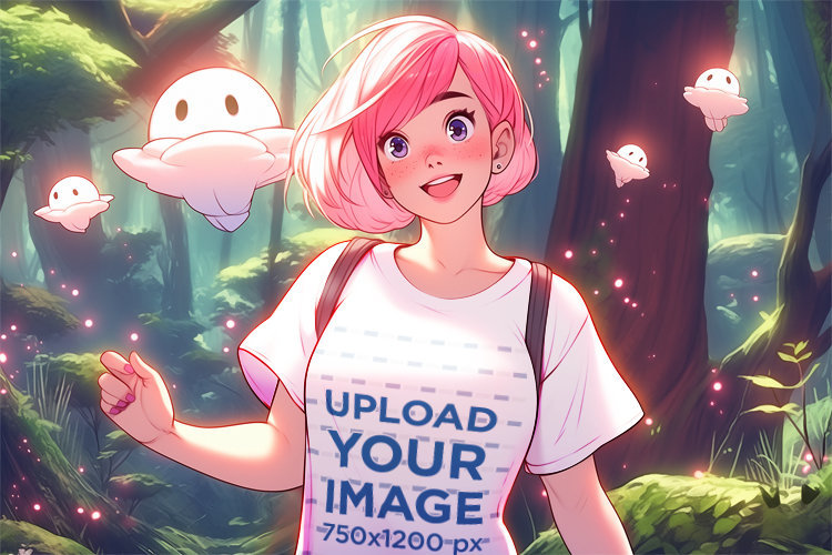 Illustrated T-Shirt Mockup of a Happy Woman Surrounded by Fantasy Flying Creatures