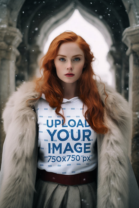 AI-Created Mockup of a Red-Headed Woman Wearing a Hoodie in a Snowy Setting