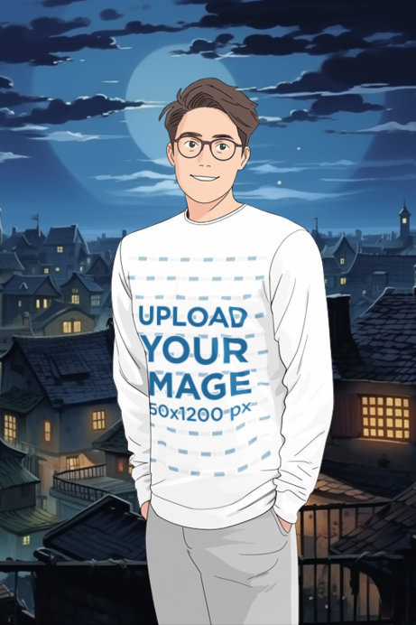Long-Sleeve Tee Mockup of an AI-Created Young Man Graphic Inspired by Studio Ghibli