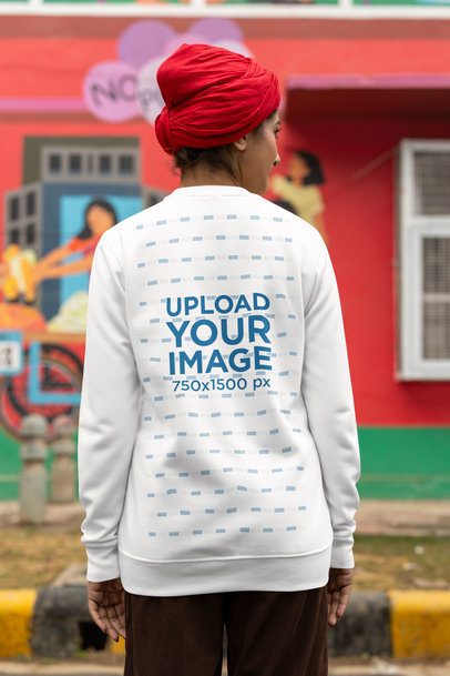 Back-View Mockup of a Woman Wearing a Turban and a Sweatshirt