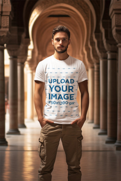 T-Shirt Mockup of an AI-Created Man with a Beard Standing in a Temple
