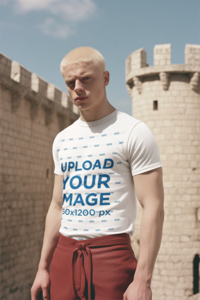 Mockup of an AI-Created Man Wearing a T-Shirt in Front of a Castle m38677
