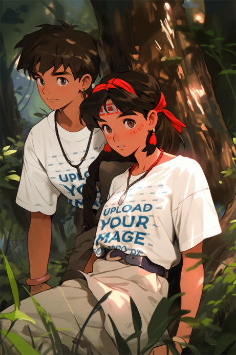 T-Shirt Mockup of an AI-Generated Young Couple Graphic Inspired by a Studio Ghibli Film