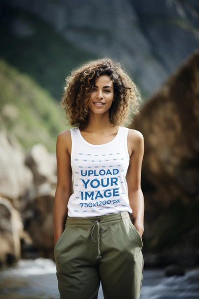 Mockup Featuring a Curly-Haired Woman Wearing a Tank Top on a Mountain