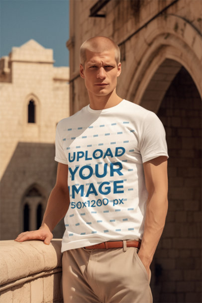 Medieval Fantasy-Inspired Mockup of an AI-Created Man Wearing a Round-Neck T-Shirt