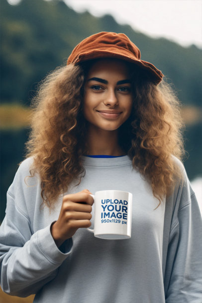 AI-Created Mockup Featuring a Woman with Curly Hair Holding a Coffee Mug by a Lake m37514