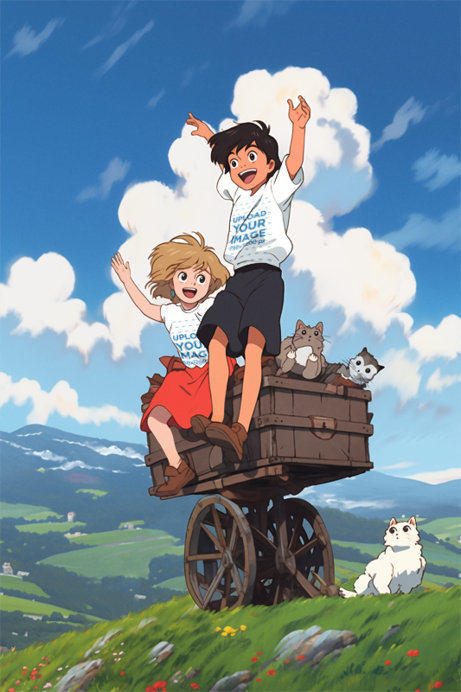 T-Shirt Mockup Featuring Two AI-Created Kid Graphics in a Ghibli-Inspired Illustration