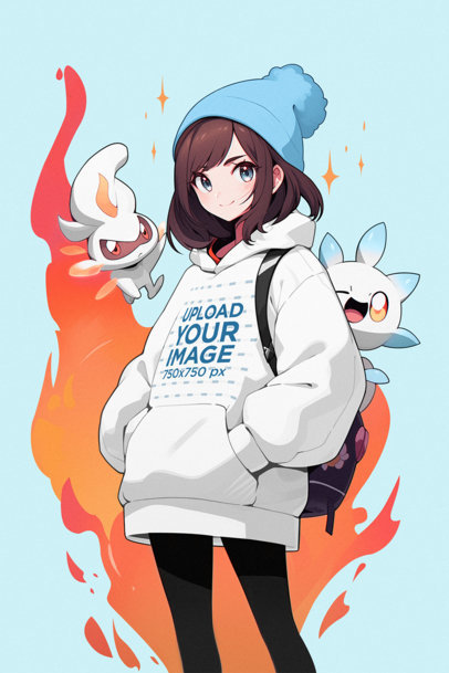 Illustrated Hoodie Mockup of an Anime-Style Girl Posing with a Flaming Fantasy Pet