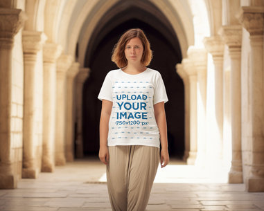 AI-Created Mockup of a Woman Wearing a T-Shirt in an Old Building's Hall m38668