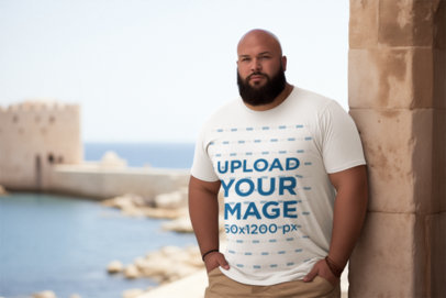 Round-Neck Tee Mockup of an AI-Generated Man Posing in a Medieval Fantasy Setting