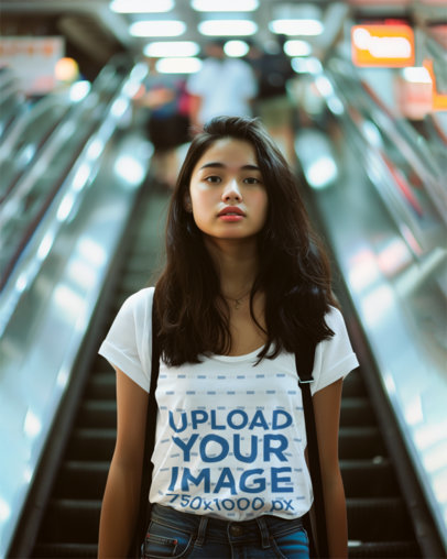 Mockup of an AI-Generated Woman Wearing a T-Shirt in a Subway Station