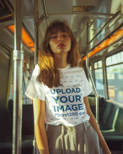 Round-Neck Tee Mockup of a Woman Generated by AI Riding the Subway