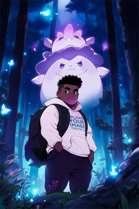 Illustrated Hoodie Mockup of a Boy Standing with a Fantasy Creature in the Woods