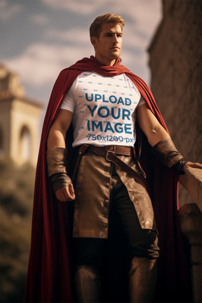 AI-Generated Mockup of a Muscular Man Walking with a T-Shirt and a Cape m38722
