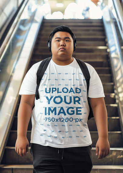 Plus Size T-Shirt Mockup of a Man Walking Down the Subway Stairs