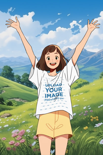Oversized T-Shirt Mockup Featuring an AI-Created Happy Teenage Girl Graphic Inspired by Studio Ghibli